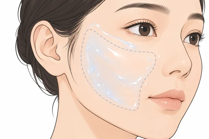 볼에 젤을 얇게 바르고 시술 범위를 점선으로 표시한 일러스트