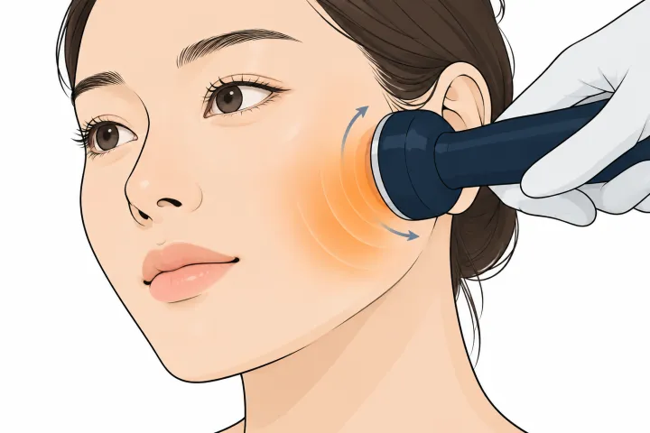 Forma 핸드피스로 볼을 문지르며 진피층을 고르게 데우는 일러스트