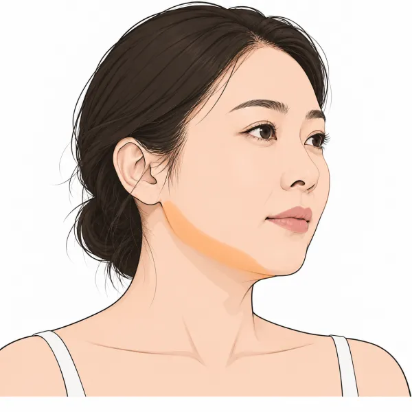 턱선을 따라 흐려진 윤곽을 주황색으로 표시한 옆얼굴 일러스트