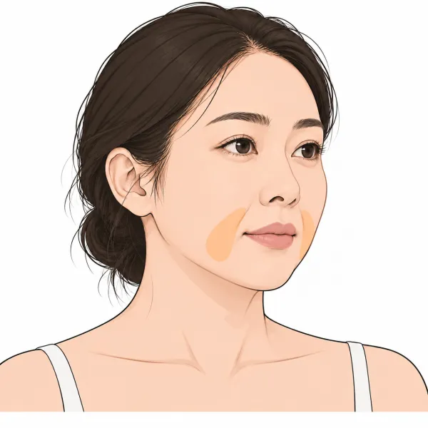 입꼬리 옆 볼 아래가 살짝 처진 부위를 주황색으로 표시한 얼굴 일러스트