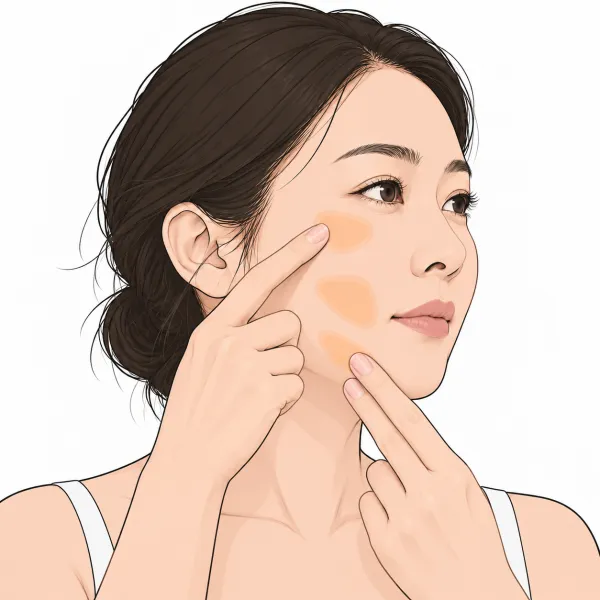 광대·볼·볼 아래 세 부위를 주황색으로 표시하고 손끝으로 짚는 얼굴 일러스트